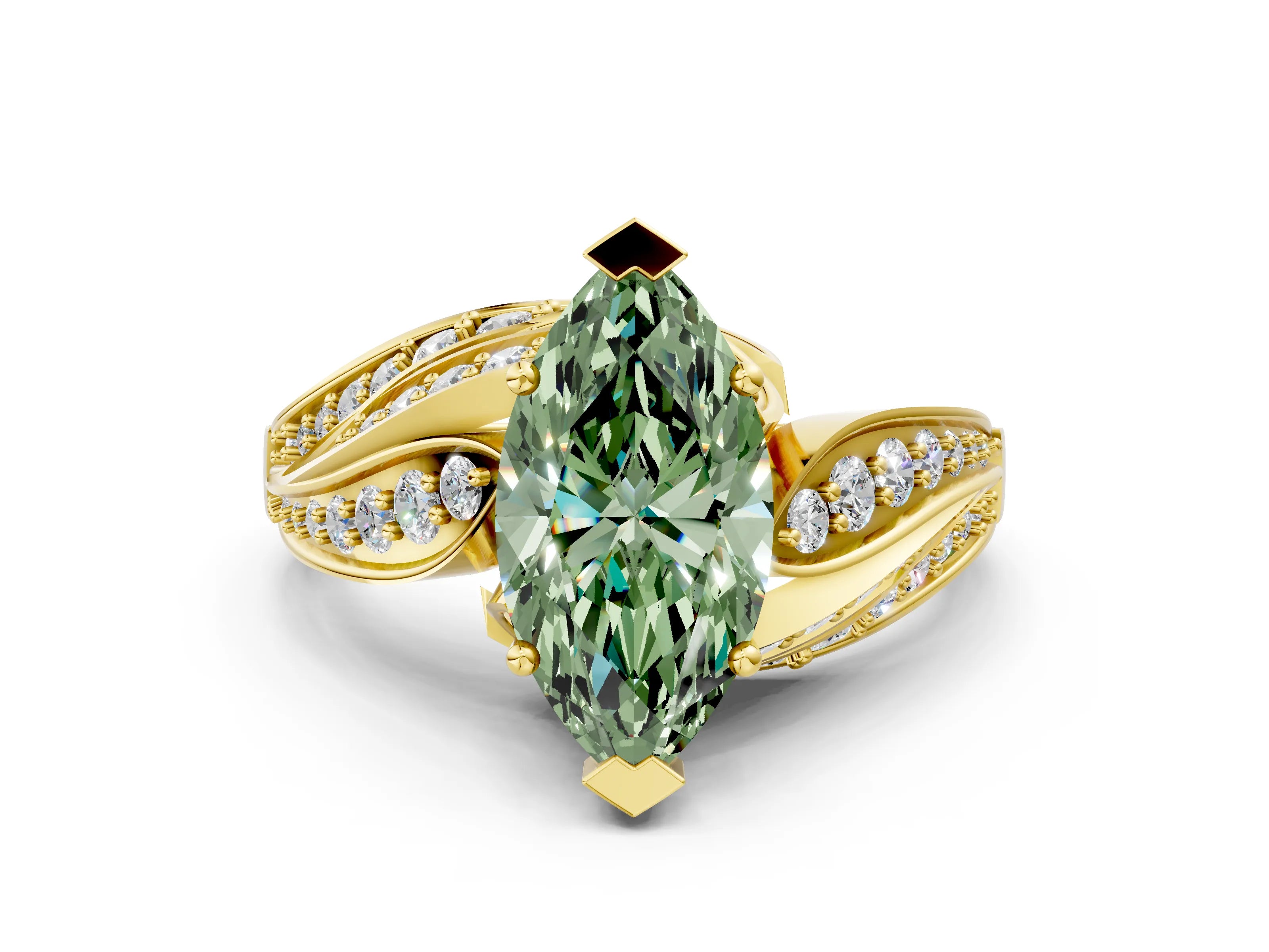 Yellow gold Fancy Green Marquise Cut Diamond Solitaire Ring with Prong Setting and Twisted Pavé Band_12