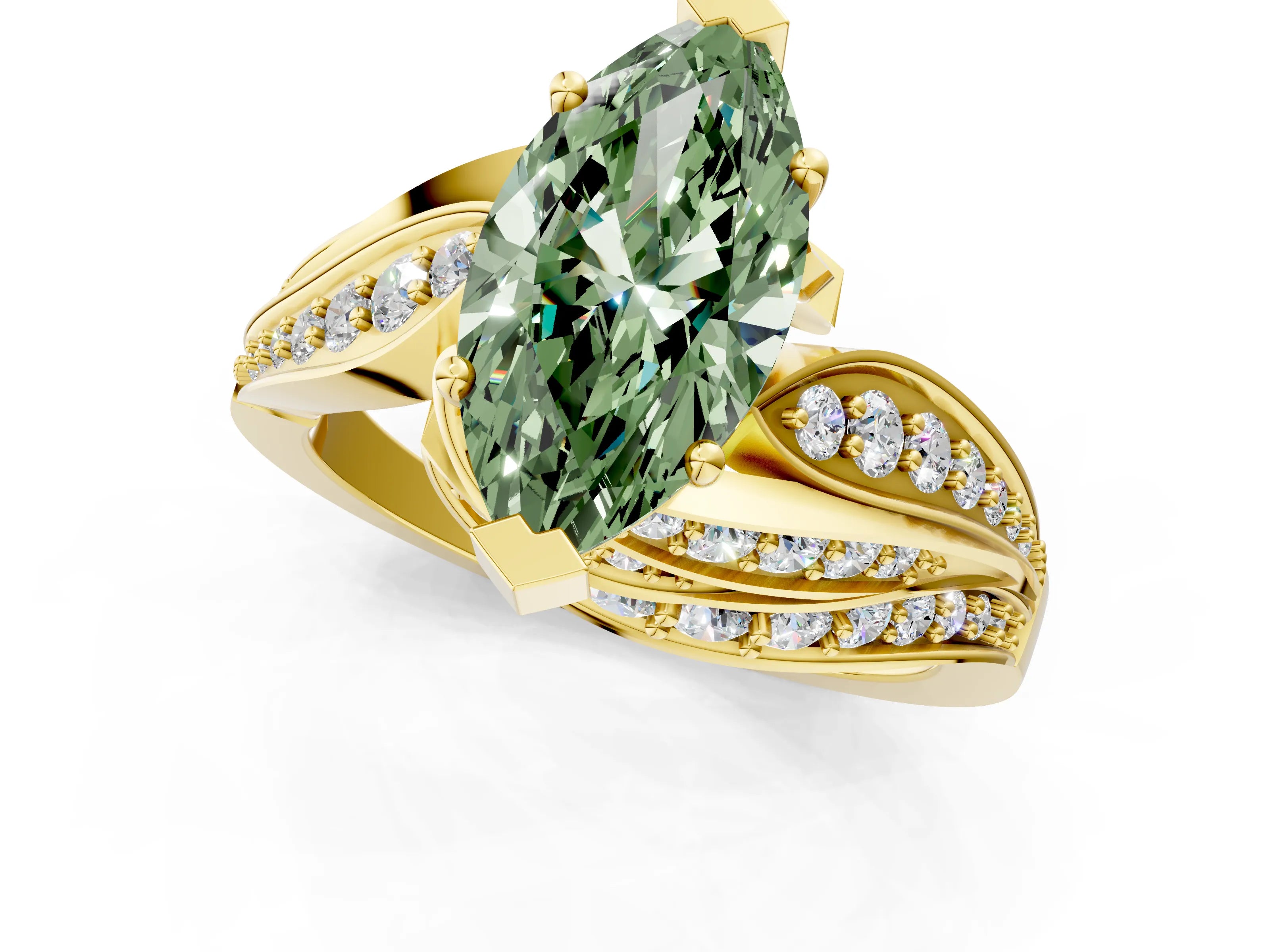 Yellow gold Fancy Green Marquise Cut Diamond Solitaire Ring with Prong Setting and Twisted Pavé Band_13