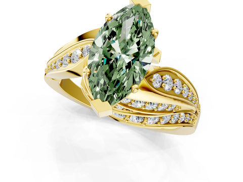 Yellow gold Fancy Green Marquise Cut Diamond Solitaire Ring with Prong Setting and Twisted Pavé Band_1