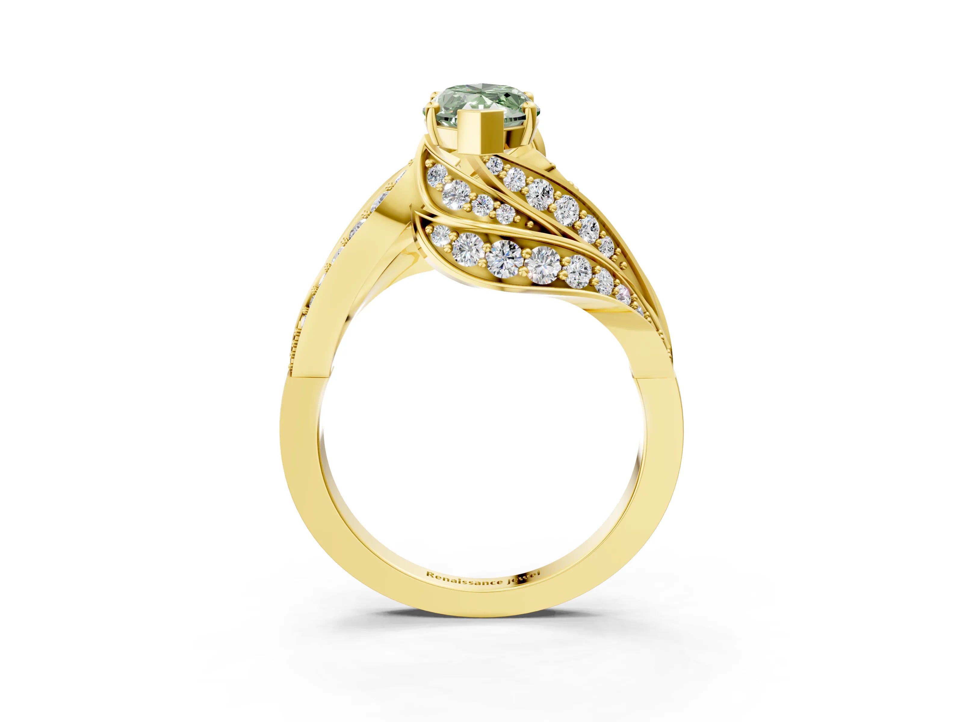 Yellow gold Fancy Green Marquise Cut Diamond Solitaire Ring with Prong Setting and Twisted Pavé Band_3