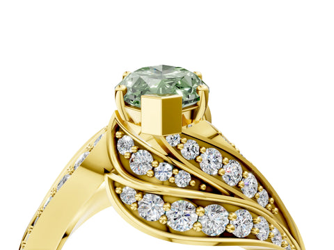 Yellow gold Fancy Green Marquise Cut Diamond Solitaire Ring with Prong Setting and Twisted Pavé Band_4