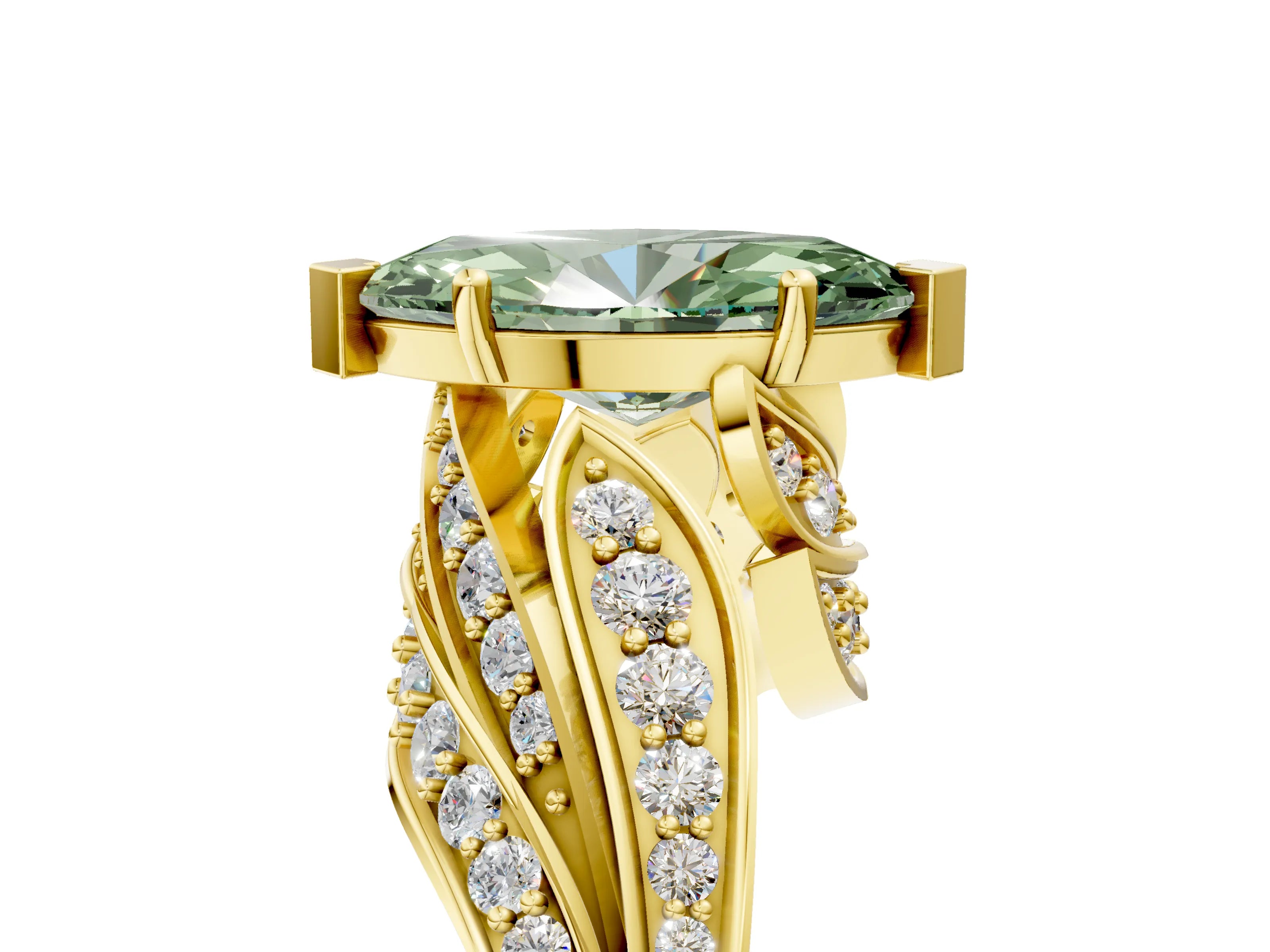 Yellow gold Fancy Green Marquise Cut Diamond Solitaire Ring with Prong Setting and Twisted Pavé Band_5
