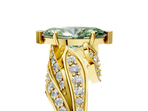 Yellow gold Fancy Green Marquise Cut Diamond Solitaire Ring with Prong Setting and Twisted Pavé Band_5