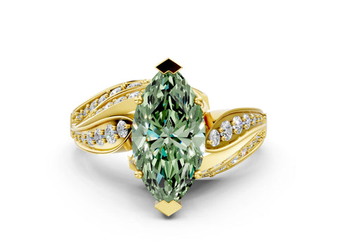 Yellow gold Fancy Green Marquise Cut Diamond Solitaire Ring with Prong Setting and Twisted Pavé Band