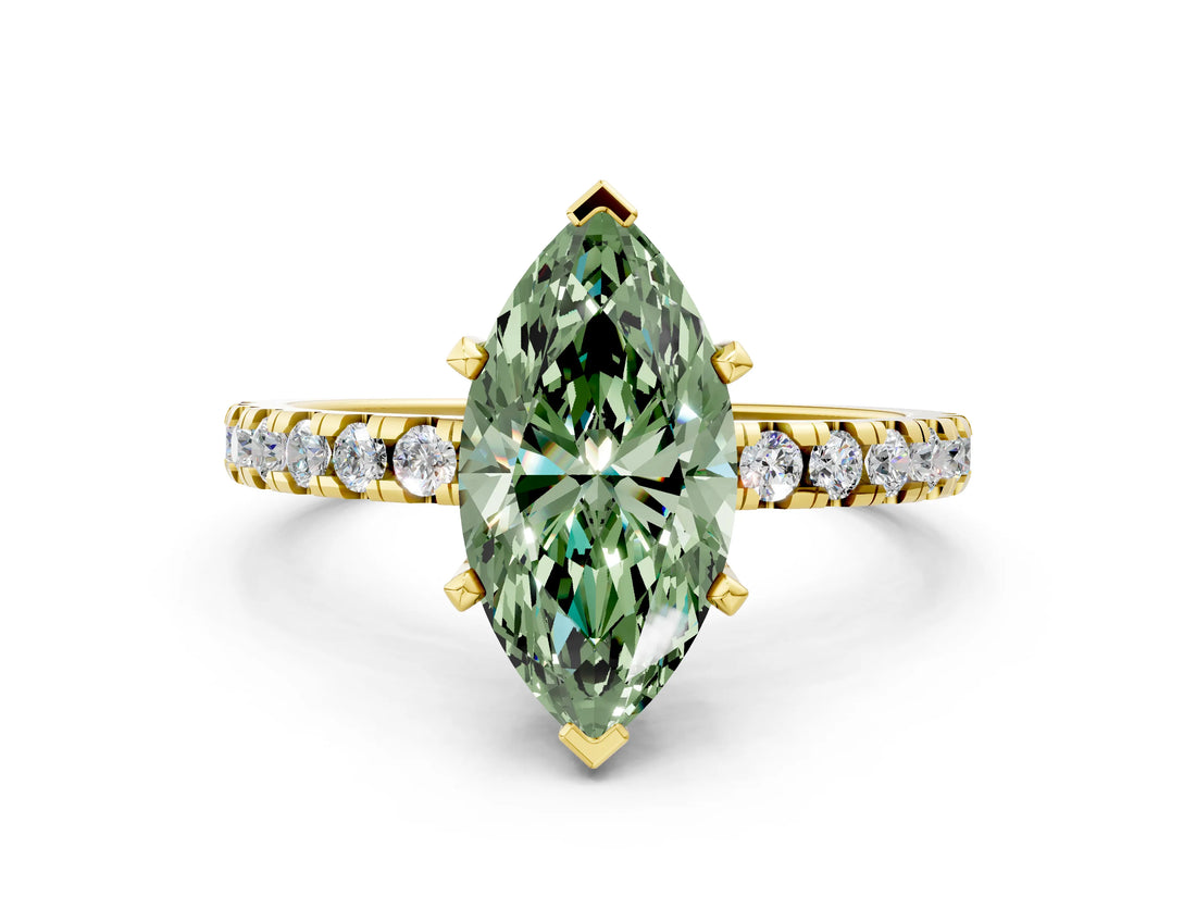 Yellow gold Fancy Green Marquise Cut Diamond Solitaire Ring with Round  Pavé Band and Four-Prong Setting_36