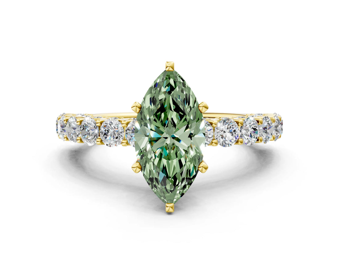 Yellow gold Fancy Green Marquise Cut Diamond Solitaire Ring with Shared Prong Pavé Band and Four-Prong Setting_58