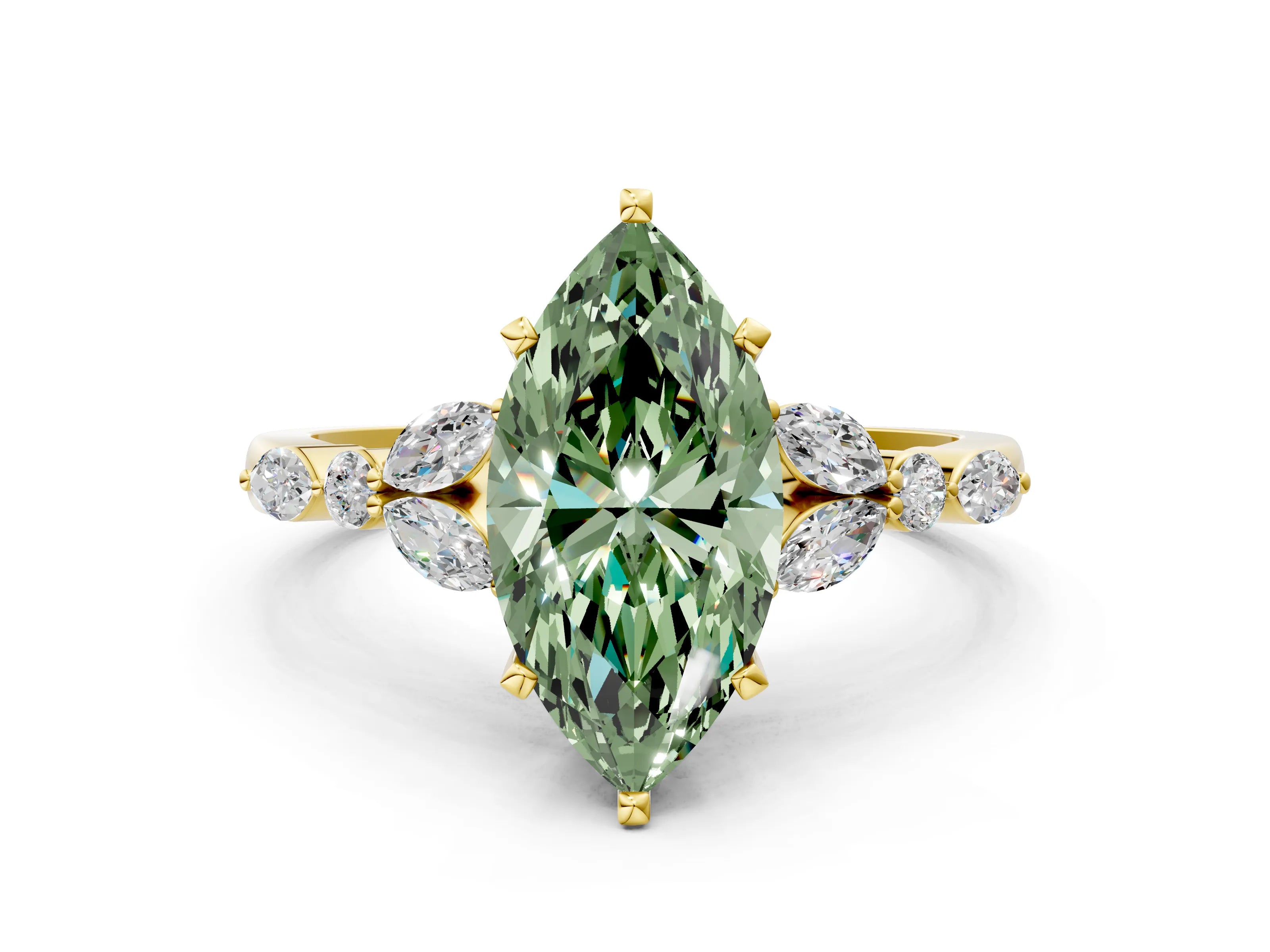 Yellow gold Fancy Green Marquise Cut Diamond Solitaire Ring with Side Stones and Four-Prong Setting_108