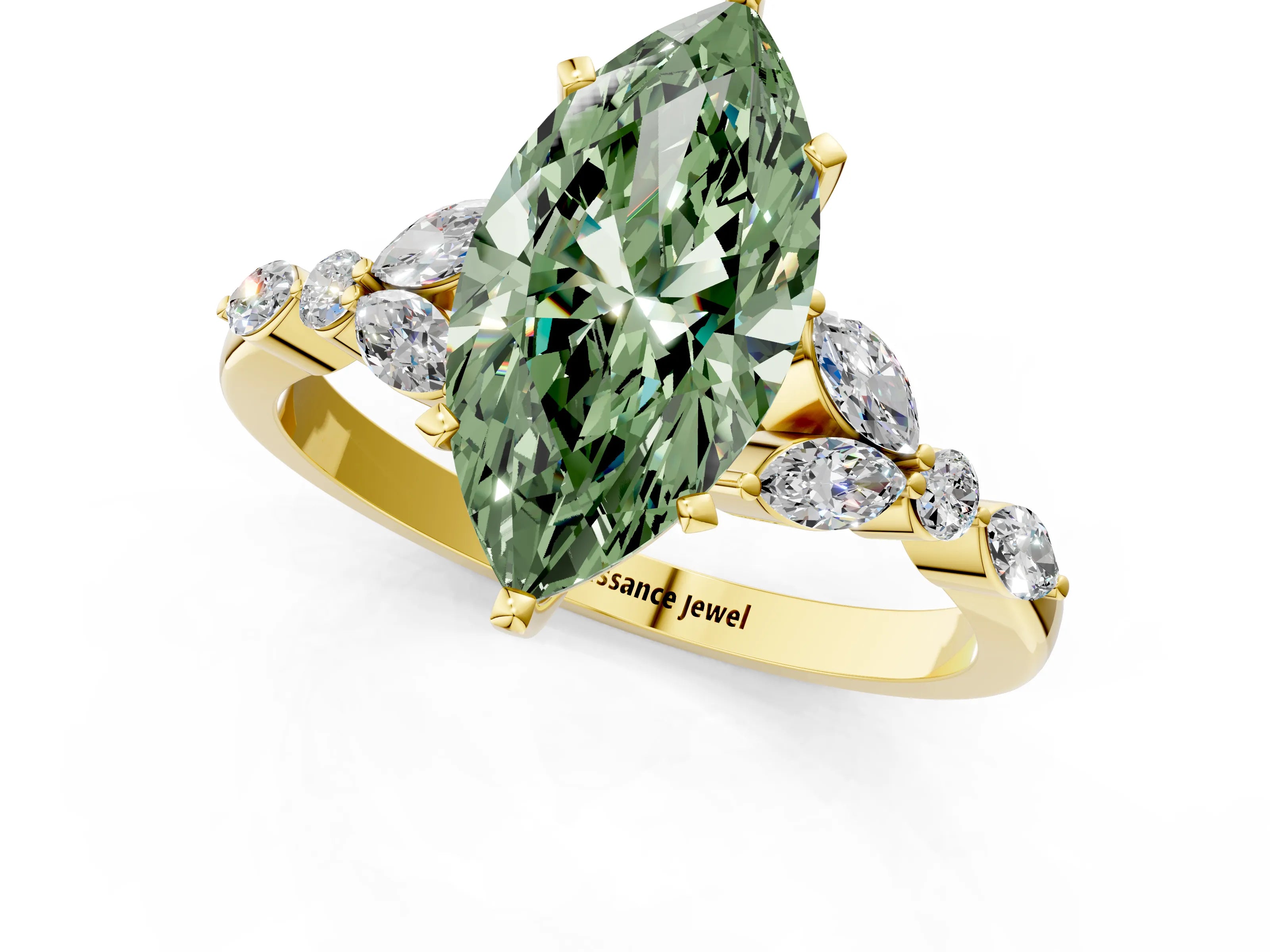 Yellow gold Fancy Green Marquise Cut Diamond Solitaire Ring with Side Stones and Four-Prong Setting_109