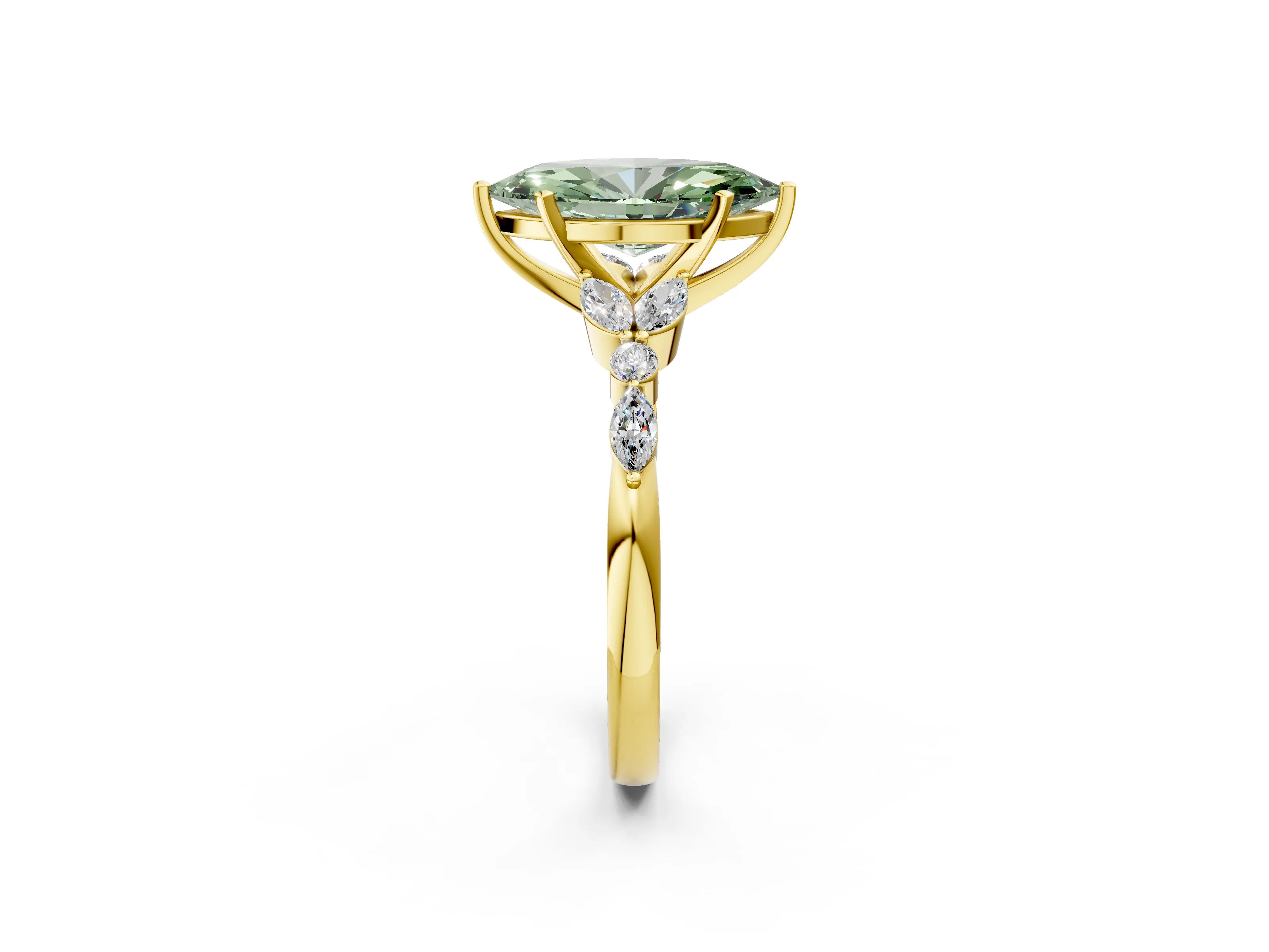 Yellow gold Fancy Green Marquise Cut Diamond Solitaire Ring with Side Stones and Four-Prong Setting_110
