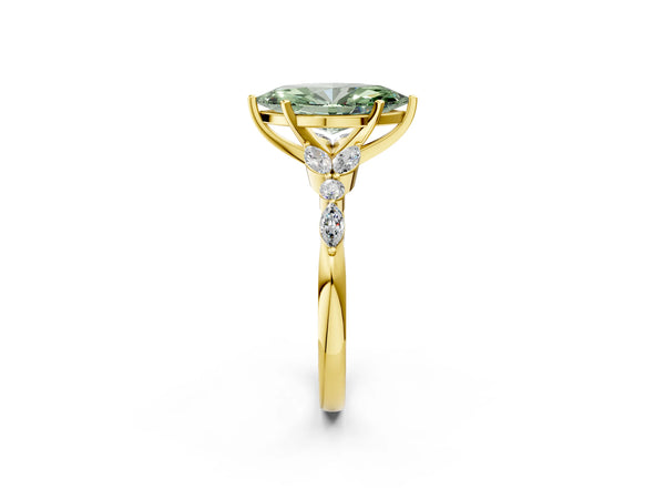 Yellow gold Fancy Green Marquise Cut Diamond Solitaire Ring with Side Stones and Four-Prong Setting
