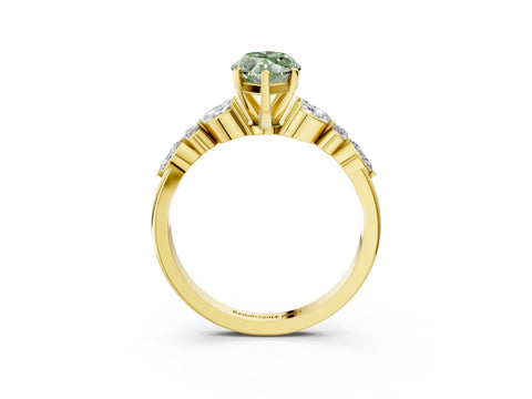 Yellow gold Fancy Green Marquise Cut Diamond Solitaire Ring with Side Stones and Four-Prong Setting_111