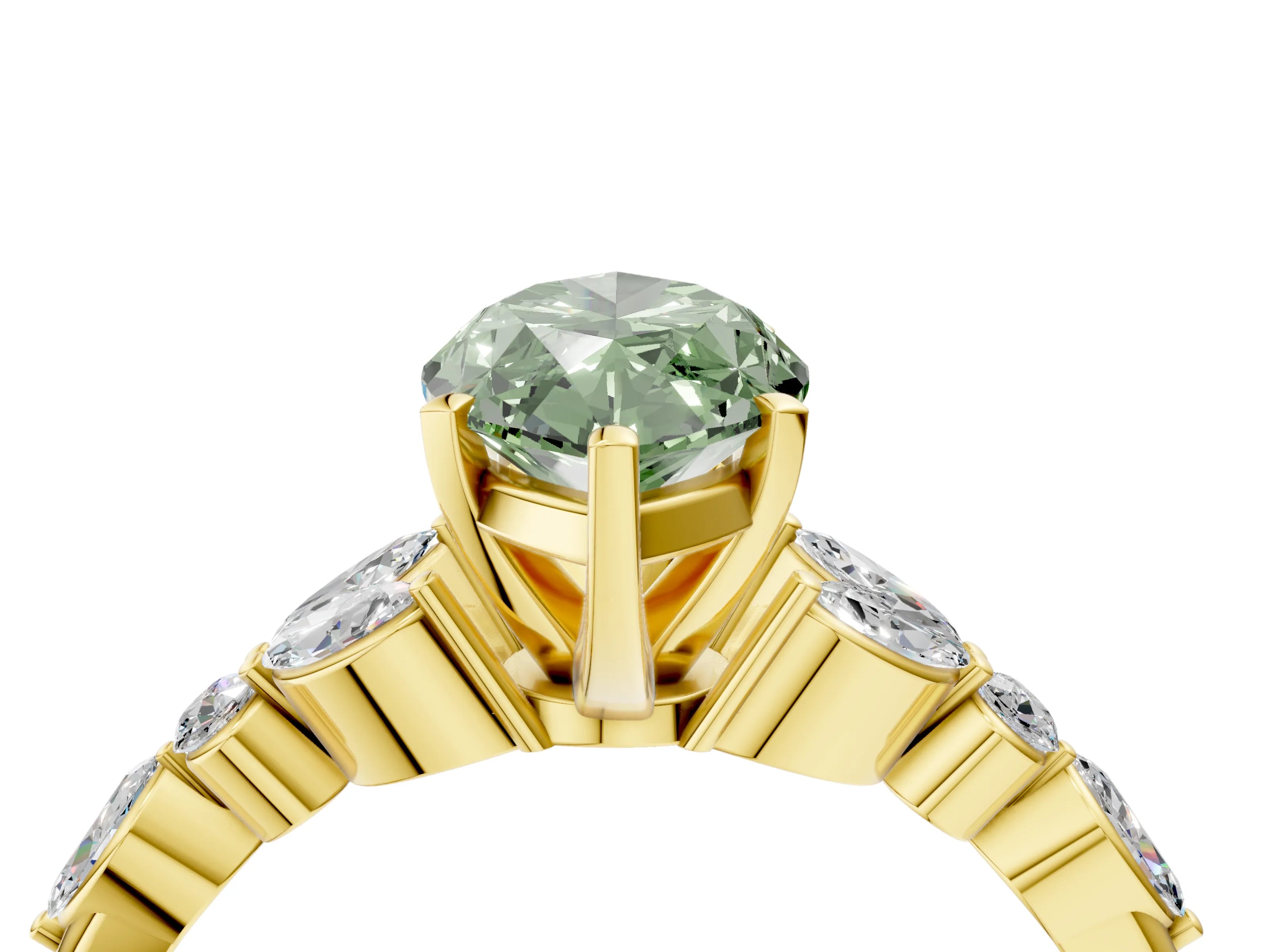 Yellow gold Fancy Green Marquise Cut Diamond Solitaire Ring with Side Stones and Four-Prong Setting_112