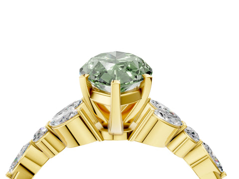 Yellow gold Fancy Green Marquise Cut Diamond Solitaire Ring with Side Stones and Four-Prong Setting_112