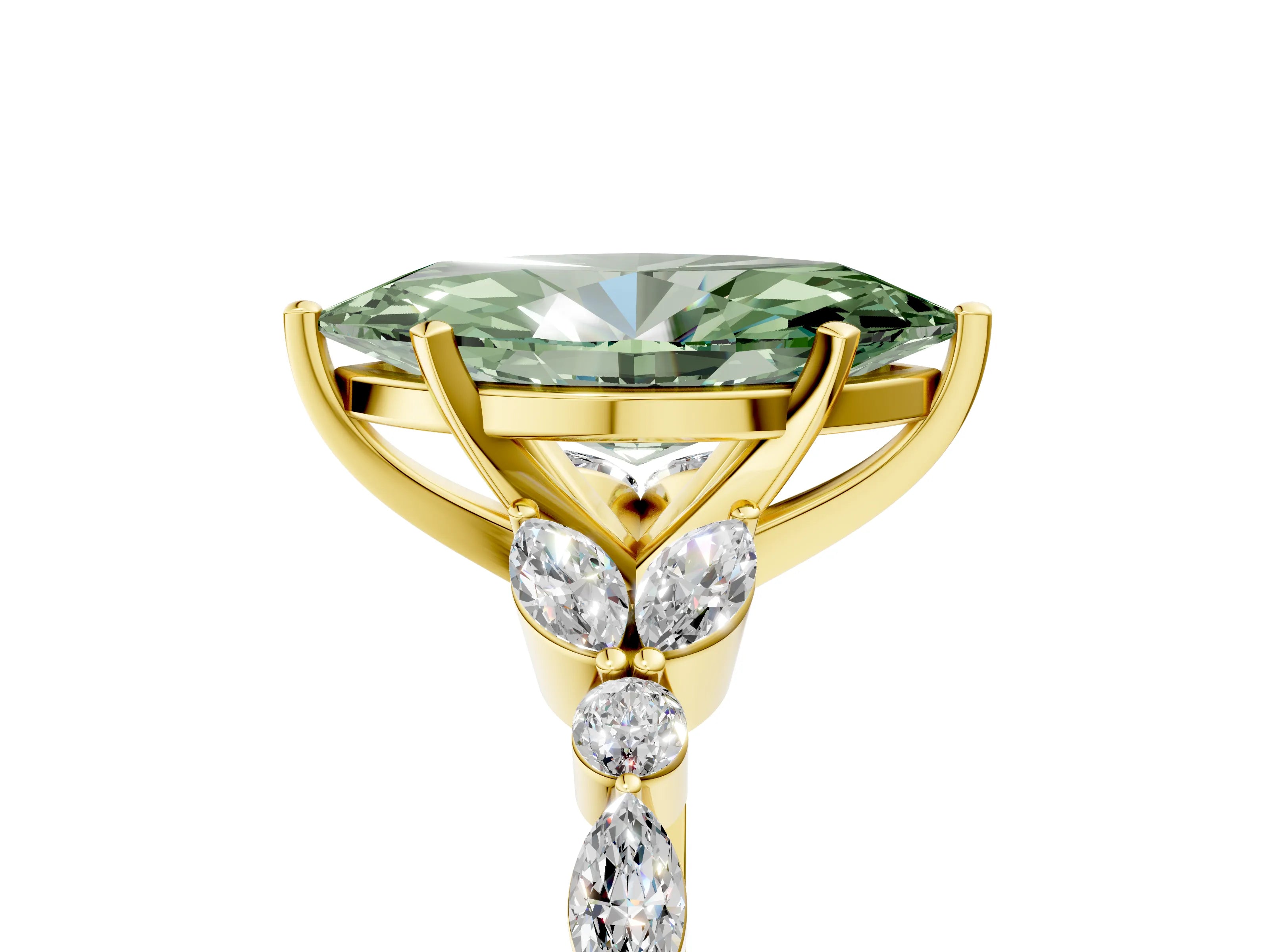 Yellow gold Fancy Green Marquise Cut Diamond Solitaire Ring with Side Stones and Four-Prong Setting_113