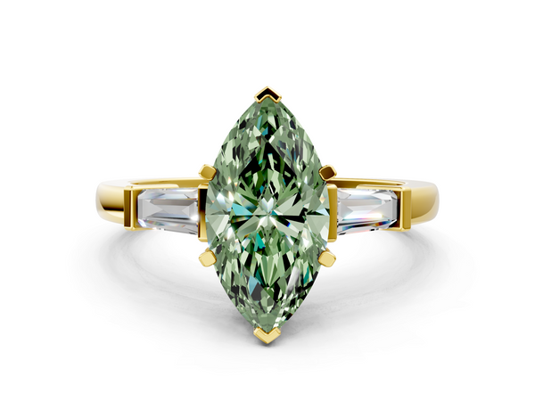 Yellow gold Fancy Green Marquise  Cut Diamond Solitaire Ring with Tapered Baguette Accents and Four-Prong Setting