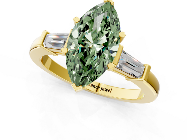 Yellow gold Fancy Green Marquise  Cut Diamond Solitaire Ring with Tapered Baguette Accents and Four-Prong Setting