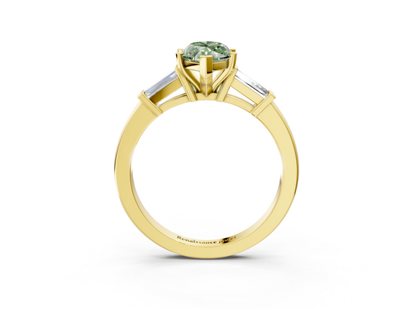 Yellow gold Fancy Green Marquise  Cut Diamond Solitaire Ring with Tapered Baguette Accents and Four-Prong Setting