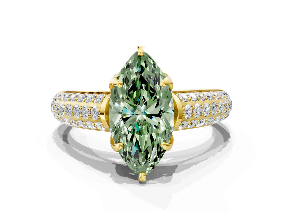 Yellow gold Fancy Green Marquise Cut Diamond Solitaire Ring with Three-Row Pavé Band and Four-Prong Setting_37