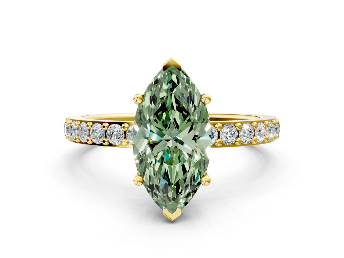 Yellow gold Fancy Green Marquise  Cut Diamond Solitaire with Pave Band and Four-Prong Setting 1