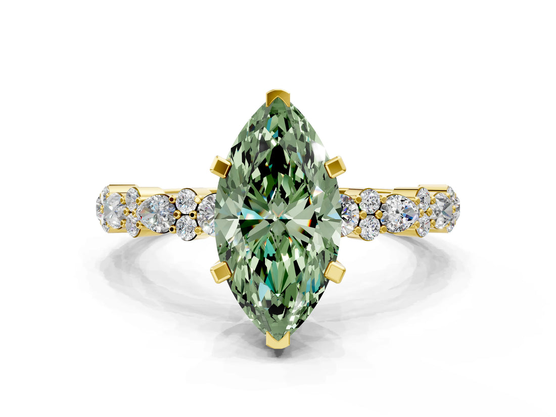 Yellow gold Fancy Green Marquise Cut Diamond Solitaire with Side Stones, Pave Band, Four-Prong Setting_97