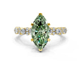 Yellow gold Fancy Green Marquise Cut Diamond Solitaire with Side Stones, Pave Band, Four-Prong Setting_97