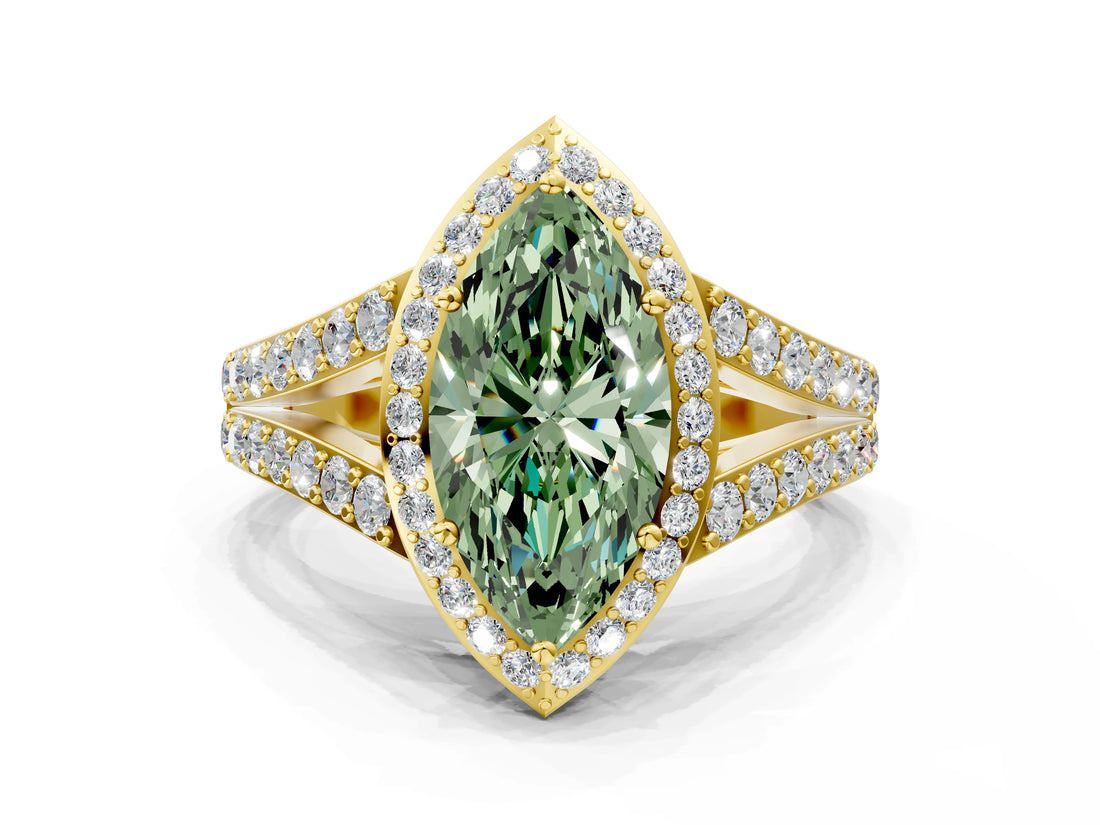 Yellow gold Fancy Green Marquise Cut Diamond Split Shank Halo Ring with Four-Prong Setting_41