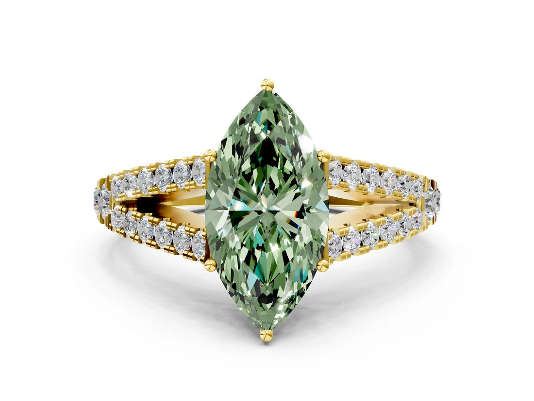 Yellow gold Fancy Green Marquise Cut Diamond Split Shank Pavé Engagement Ring with Four-Prong Setting_91