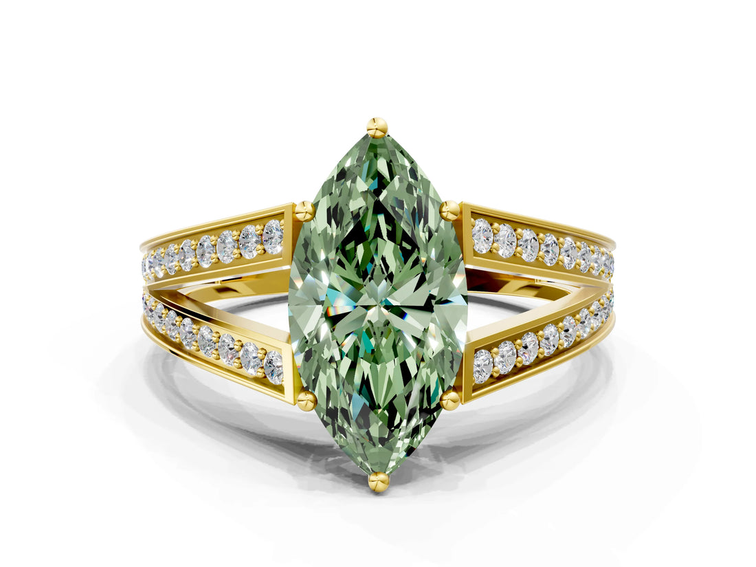 Yellow gold Fancy Green Marquise Cut Diamond Split Shank Ring with Pavé Band and Four-Prong Setting_61
