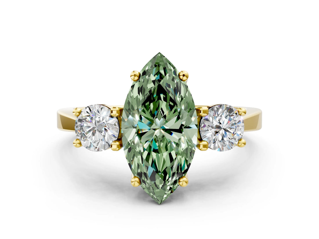 Yellow gold Fancy Green Marquise Cut Diamond Three-Stone Engagement Ring with Prong Setting and Pavé Band