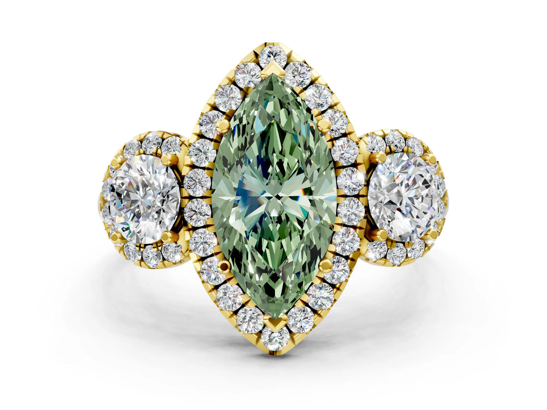 Yellow gold Fancy Green Marquise Cut Diamond Three-Stone Halo Ring with Prong Setting and Pavé Accents