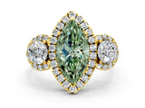 Yellow gold Fancy Green Marquise Cut Diamond Three-Stone Halo Ring with Prong Setting and Pavé Accents