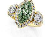 Yellow gold Fancy Green Marquise Cut Diamond Three-Stone Halo Ring with Prong Setting and Pavé Accents_1