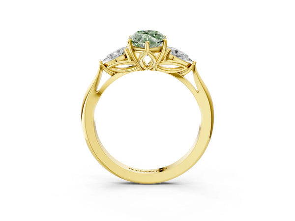 Yellow Gold Marquise Three Stone Pear Side Engagement Ring Setting for Fancy Green Center