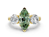 Yellow gold Fancy Green Marquise Cut Diamond Three-Stone Ring with Prong Setting and Classic Band_103