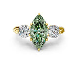 Yellow gold Fancy Green Marquise Cut Diamond Three-Stone Ring with Prong Setting and Pavé Band
