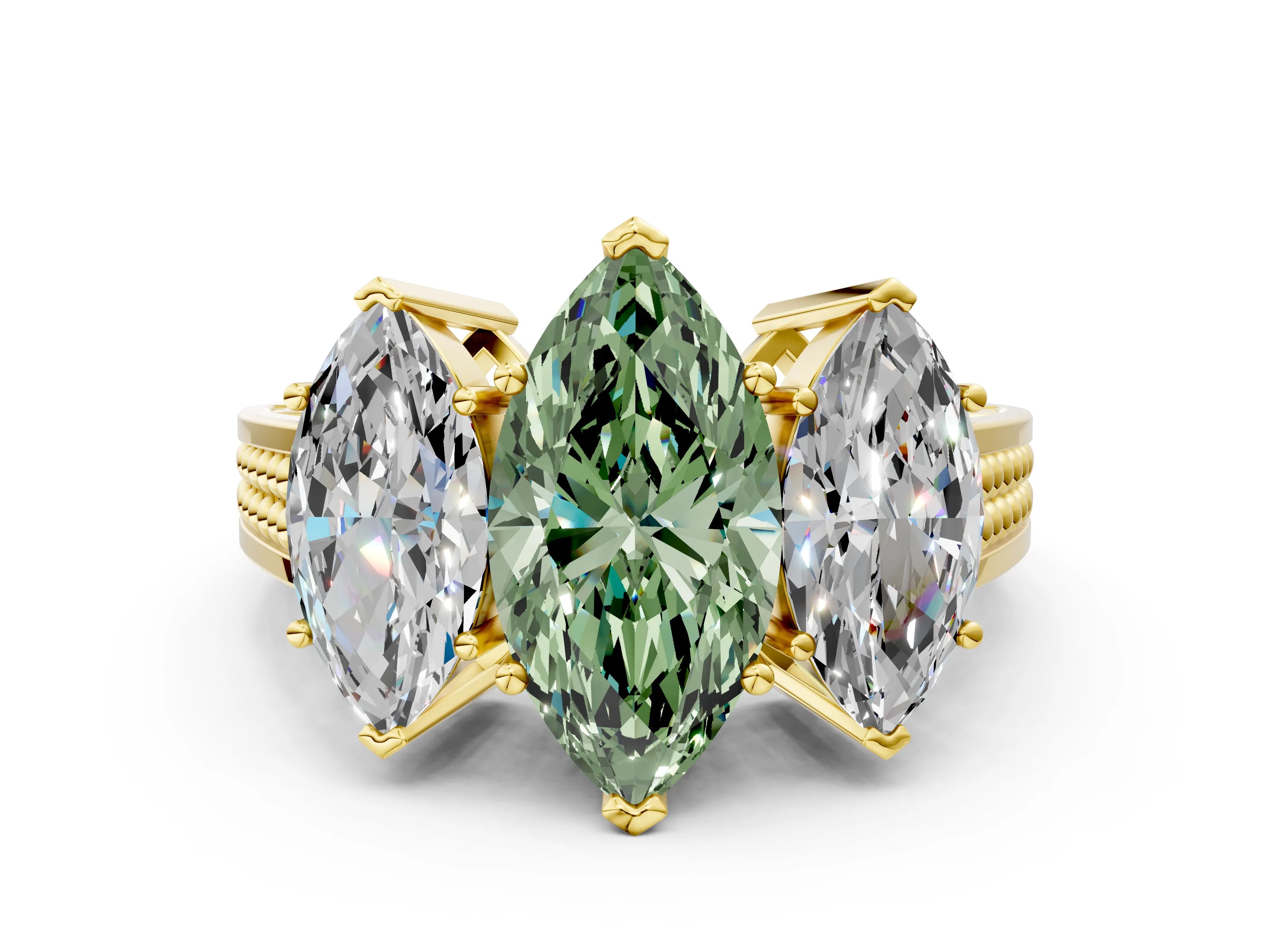 Yellow gold Fancy Green Marquise Cut Diamond Three-Stone Ring with Prong Setting and Textured Band