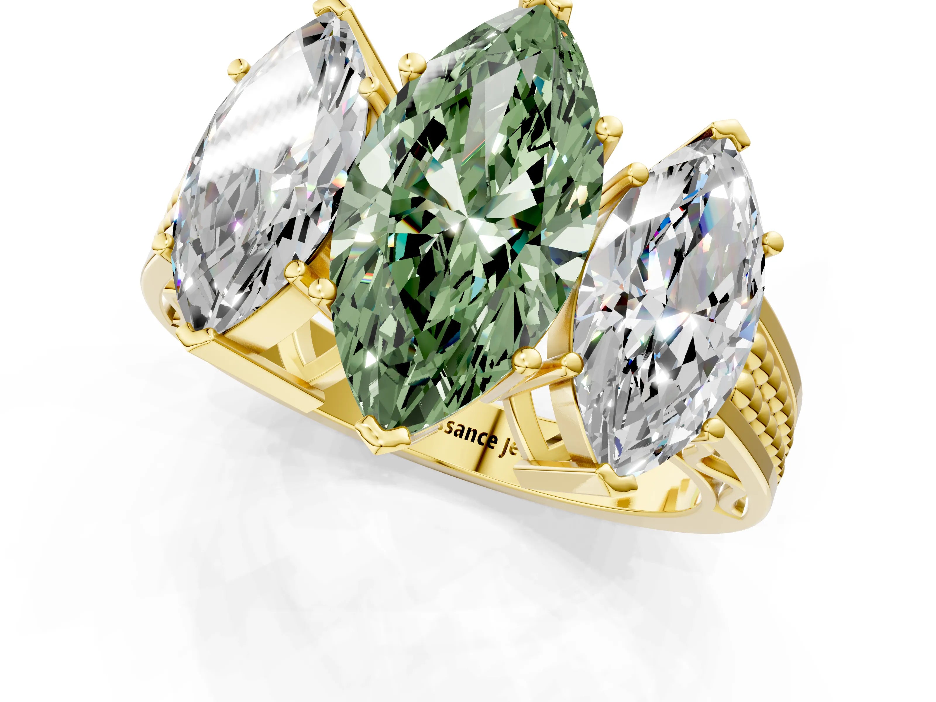 Yellow gold Fancy Green Marquise Cut Diamond Three-Stone Ring with Prong Setting and Textured Band_1