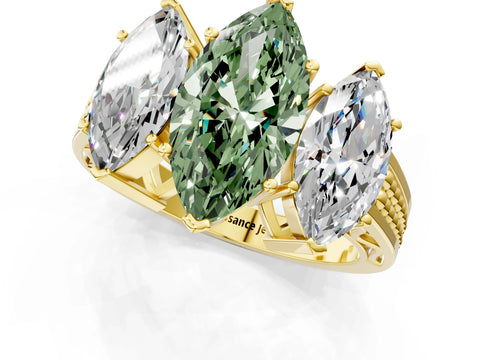 Yellow gold Fancy Green Marquise Cut Diamond Three-Stone Ring with Prong Setting and Textured Band_1