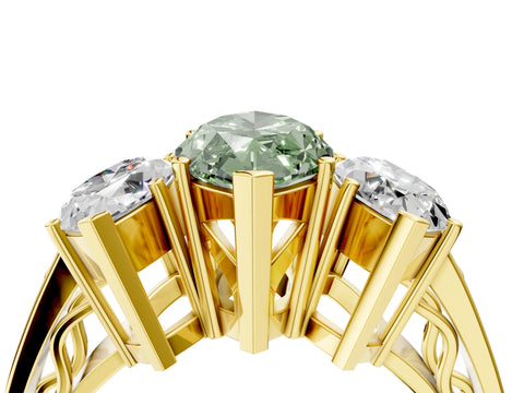 Yellow gold Fancy Green Marquise Cut Diamond Three-Stone Ring with Prong Setting and Textured Band_4