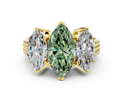 Yellow gold Fancy Green Marquise Cut Diamond Three-Stone Ring with Prong Setting and Textured Band