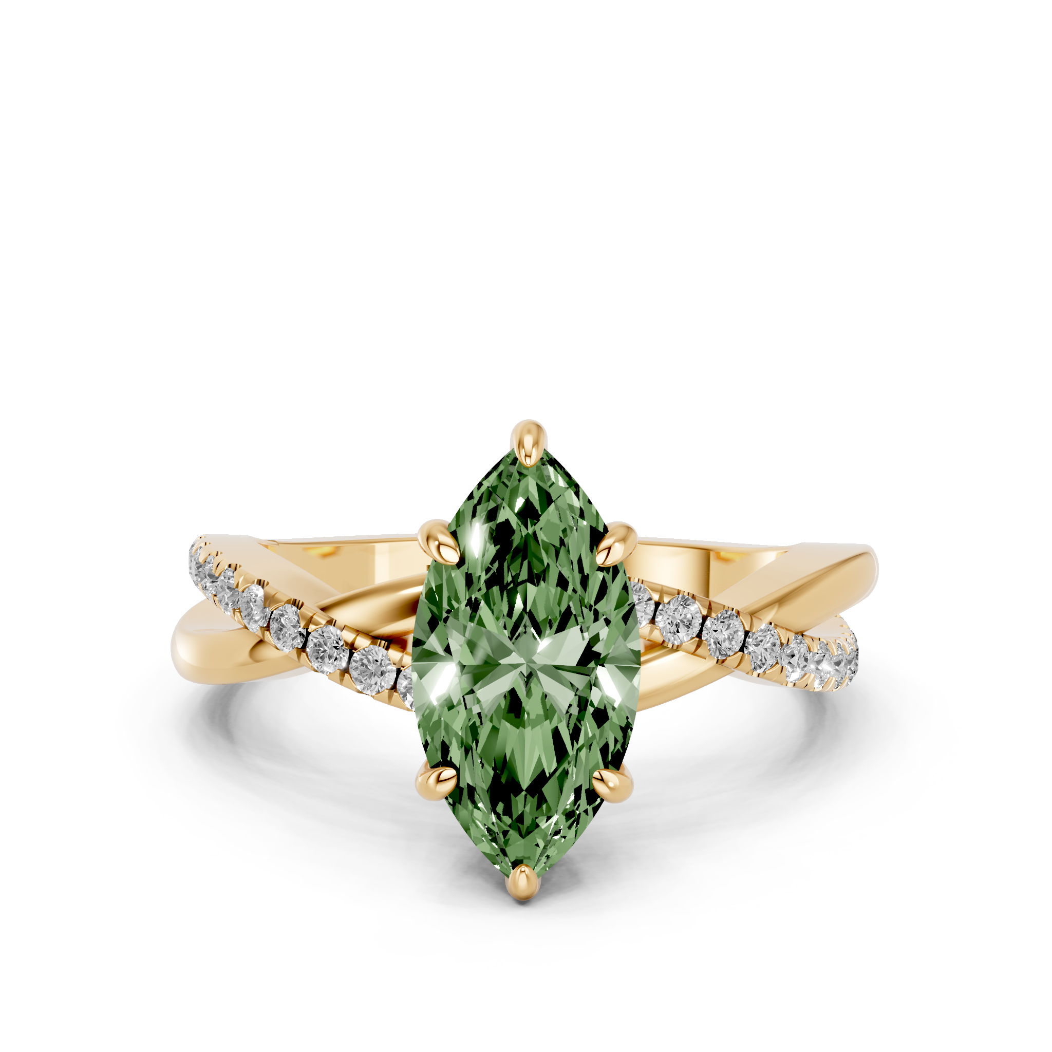 Yellow gold Fancy Green Marquise  Cut Diamond Twist Band Solitaire with Prong Setting_11