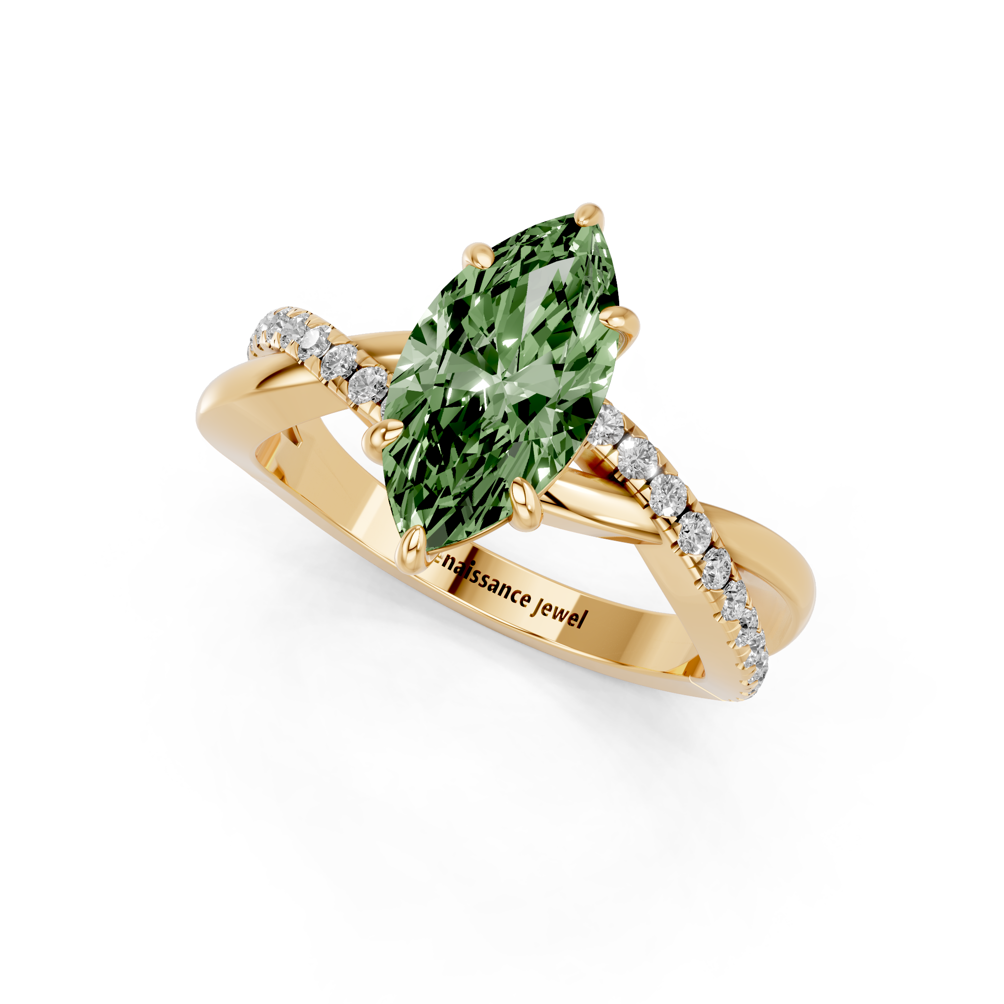 Yellow gold Fancy Green Marquise  Cut Diamond Twist Band Solitaire with Prong Setting_3