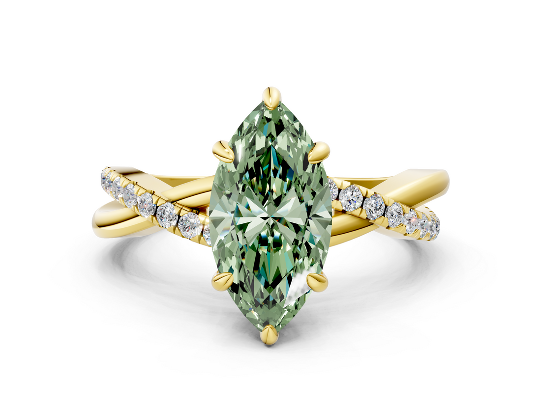 Yellow gold Fancy Green Marquise  Cut Diamond Twist Band Solitaire with Prong Setting_56