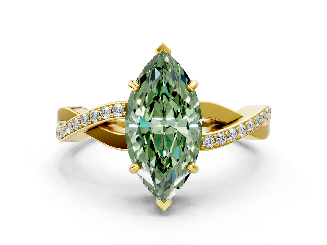 Yellow gold Fancy Green Marquise  Cut Diamond Twisted Band Engagement Ring with Prong Setting_3