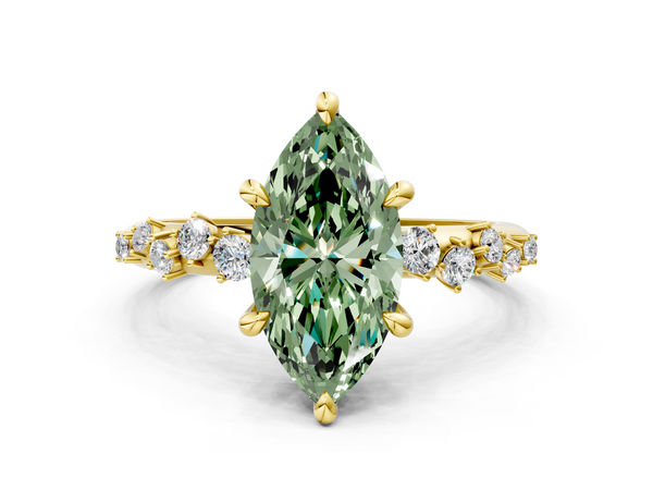 Yellow Gold Marquise Solitaire Engagement Ring Setting for Fancy Green Center with Graduated Accents