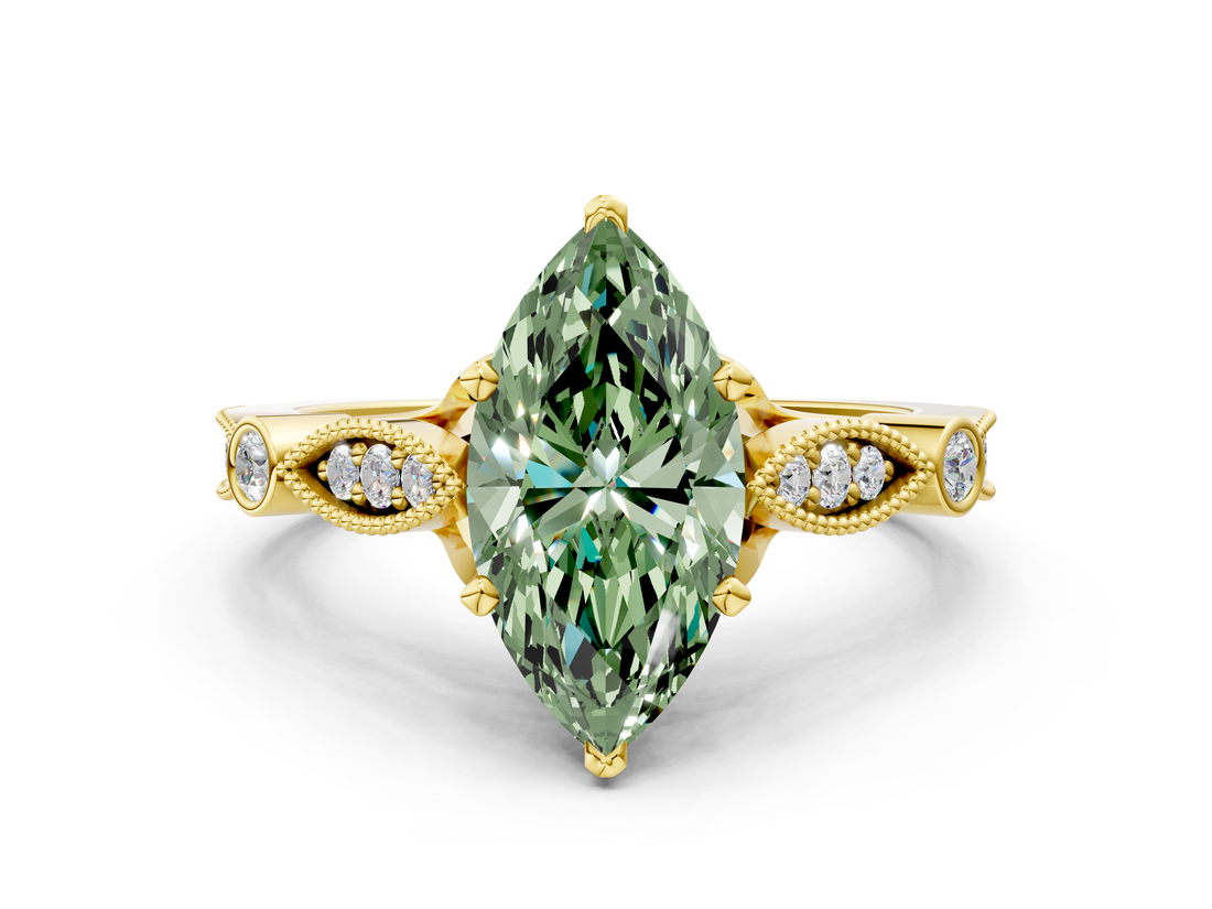 Yellow gold Fancy Green Marquise  Cut Diamond with Milgrain Marquise and Bezel Accents on a Solitaire Band with Prong Setting_206