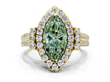 Yellow gold Fancy Green Marquise  Cut Double Halo Diamond Engagement Ring with Pave Band and Four-Prong Setting