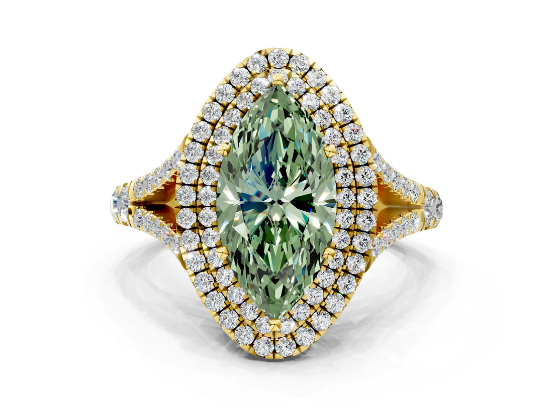 Yellow gold Fancy Green Marquise  Cut Double Halo Split Shank Diamond Ring with Prong Setting_49