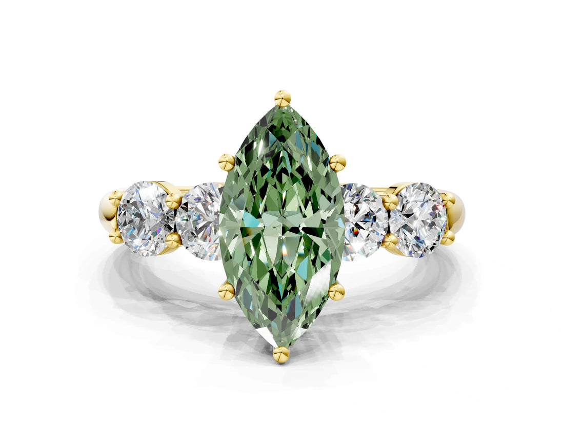 Yellow gold Fancy Green Marquise  Cut Five-Stone Prong Set Diamond Ring with Classic Band_32