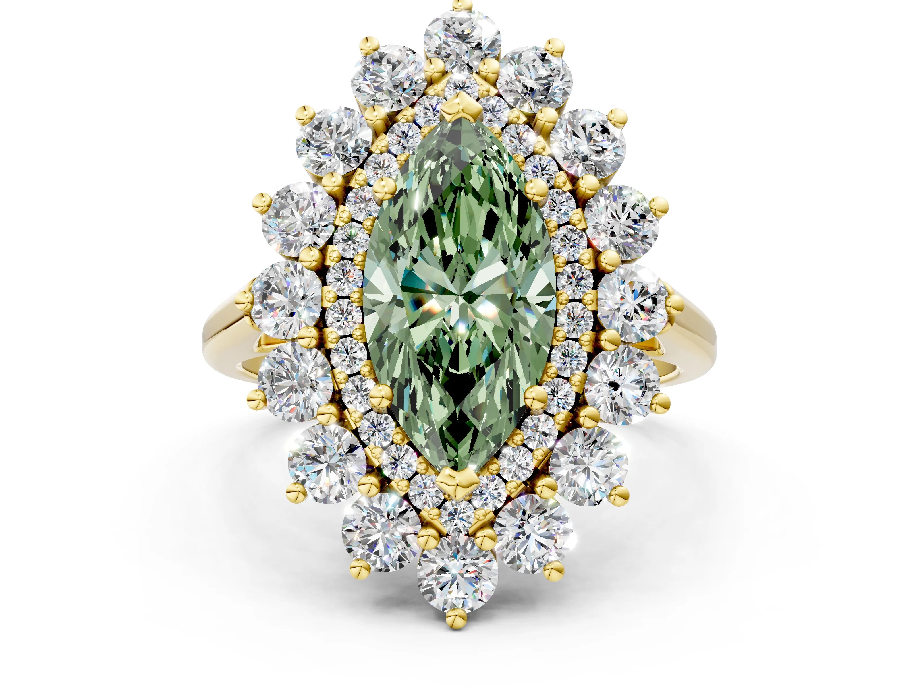 Yellow gold Fancy Green Marquise Cut Halo Cluster Diamond Ring with Pave Band and Four-Prong Setting